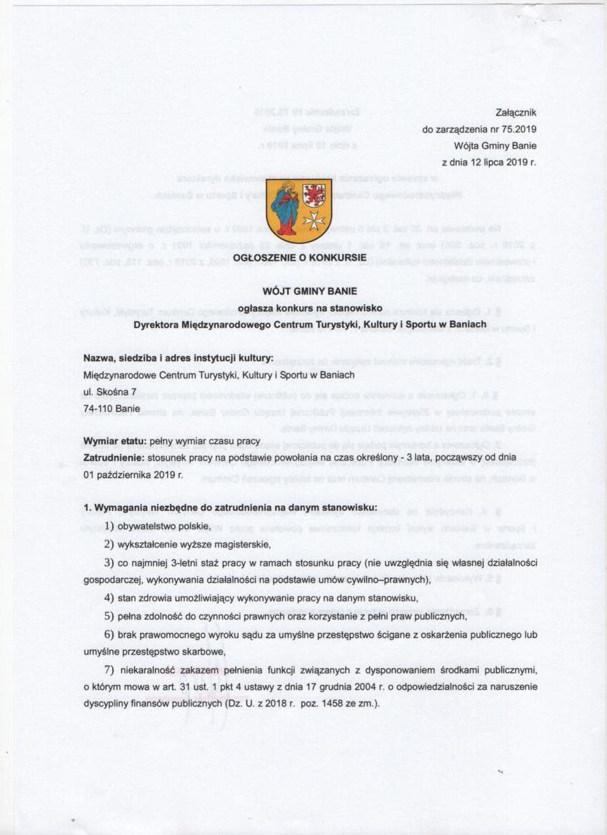 drugi skan dokumentu w sprawie konkursu na dyrektora Międzynarodowego Centrum Turystyki, Kultury i Sportu w Baniach