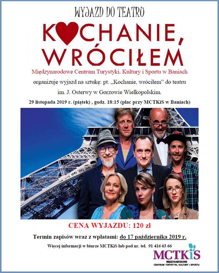 plakat promujący sztukę teatralną "Kochanie wróciłem"