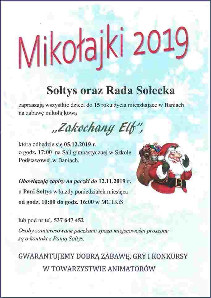 plakat zapraszający na zabawę mikołajową 2019 r.