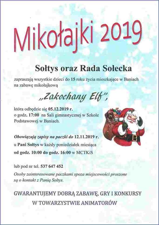 plakat zapraszający na zabawę mikołajową 2019 r.