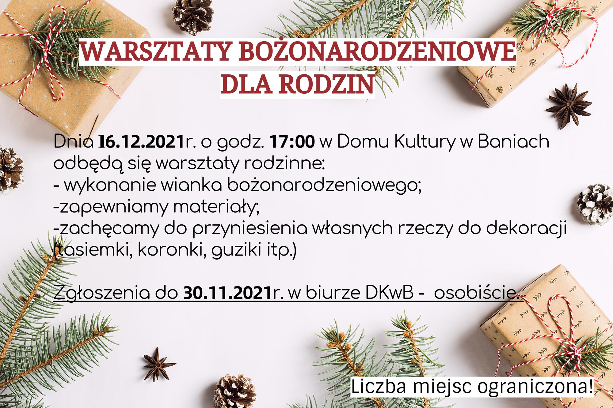 Plakat zapraszający na warsztaty Bożonarodzeniowe dla rodzin