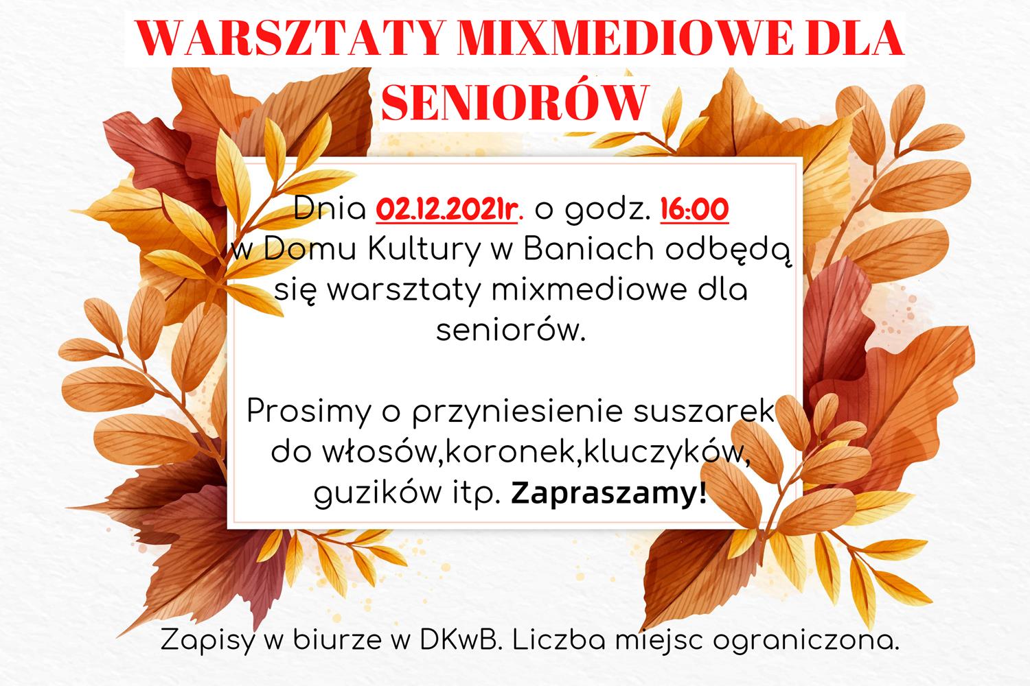 Plakat zapraszający seniorów na warsztaty mixmediowe