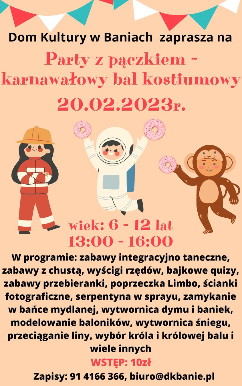 Plakat zapraszający na bal karnawałowy pt: Party z pączkiem