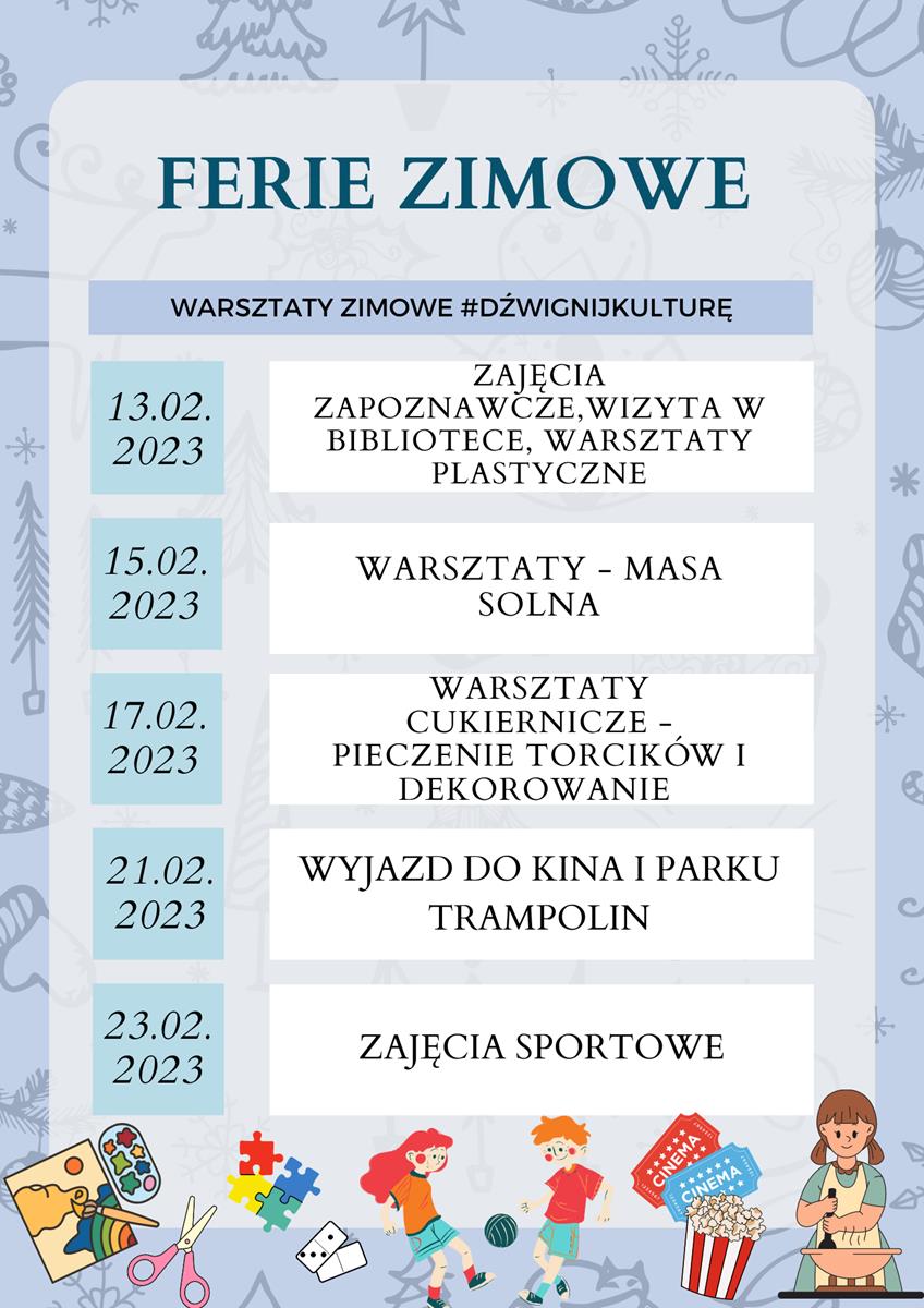 Plakat z programem na ferie zimowe