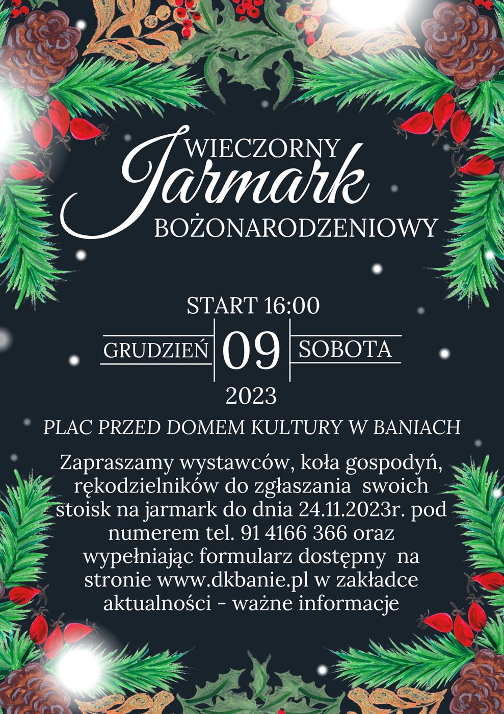 Plakat zapraszający na Wieczorny Jarmark Bożonarodzieniowy