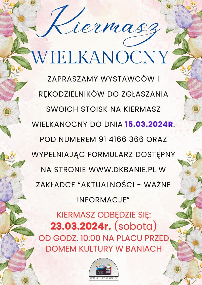 Plakat z napisem Kiermasz wielkanocy  z kwiatkami  tworzącymi ramkę