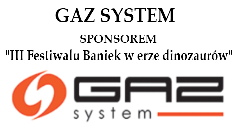 Logo GAZ SYSTEM z napisem informującym, że jest sponsorem I Festiwalu Baniek-Powitanie lata